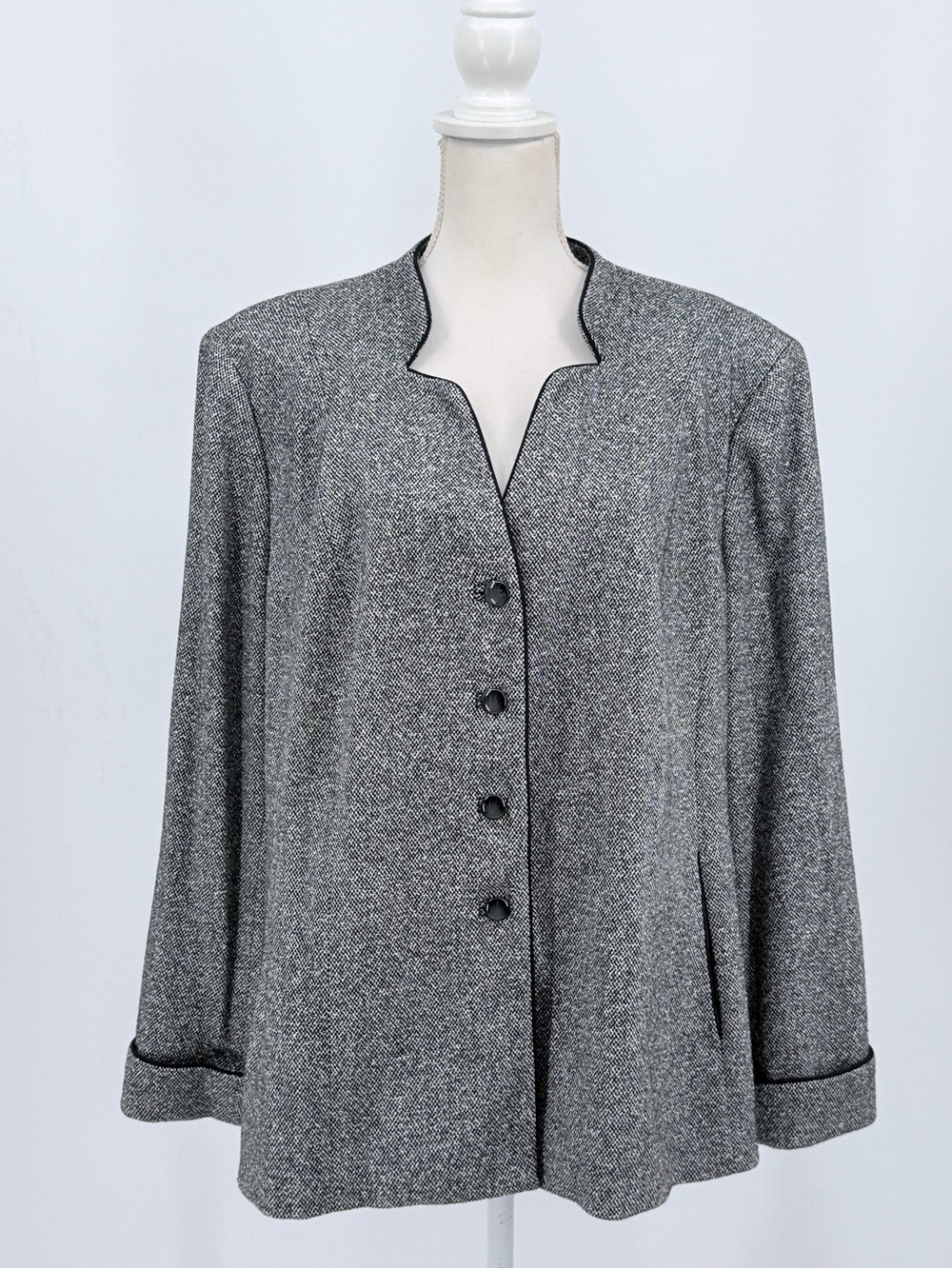 Talbots Woman Textured Blazer Jacket 20W Plus Black White Collarless Long Sleeve